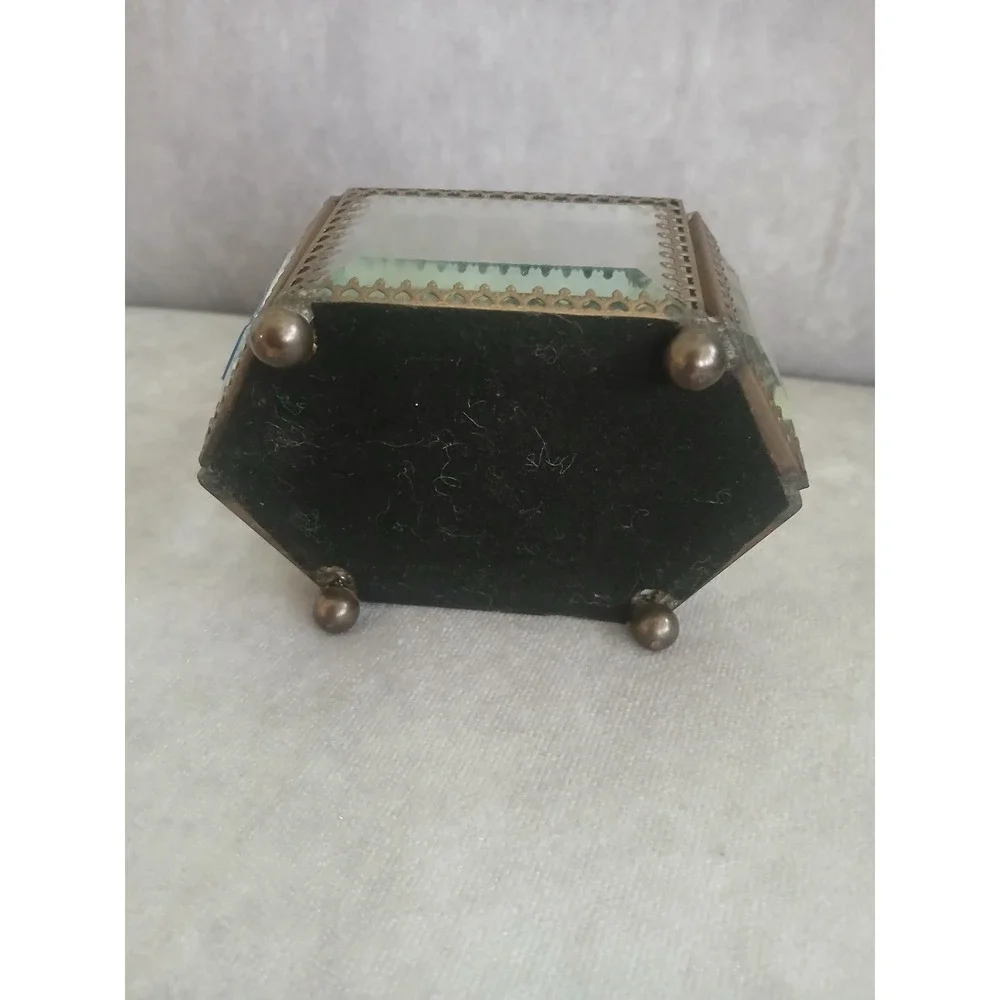 Vintage Beveled Glass Brass Hexagon Jewelry Box Butterfly Trinket Mirror Bottom